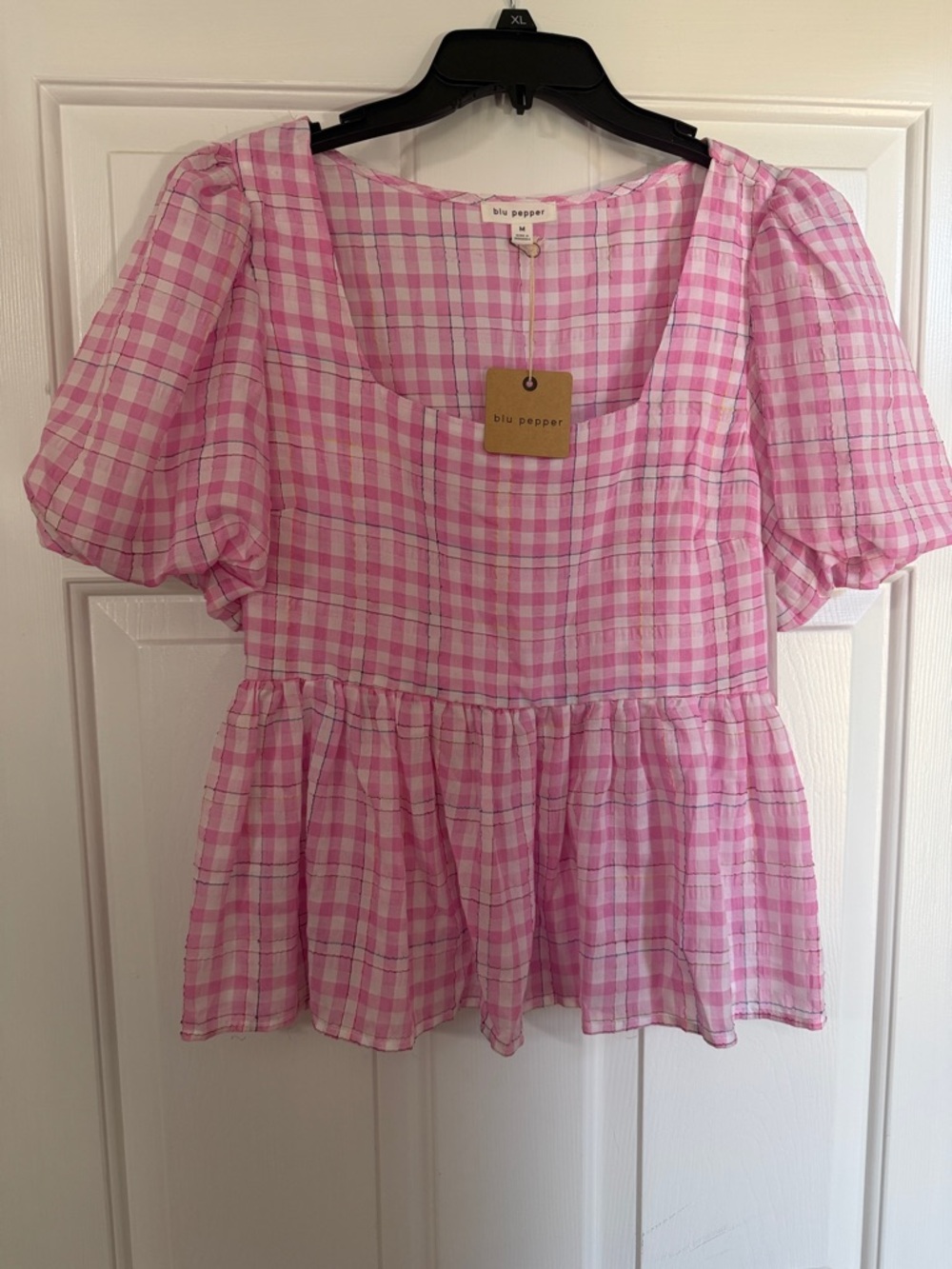 Blu Pepper Pink White Gingham Puff Sleeve Peplum Blouse